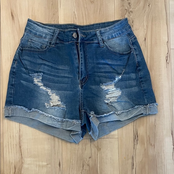 Express Pants - Express Dark Blue Distressed Jean Shorts